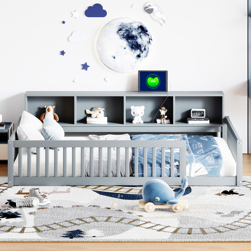 Lit en bois avec armoires de rangement et ports USB, Gris