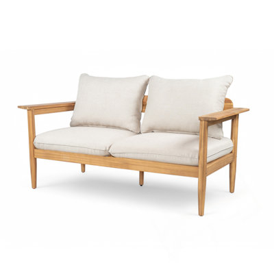 Causeuse d'extérieur en bois d'acacia avec coussins ergonomiques et conception spacieuse à deux places pour une détente commune et confortable.