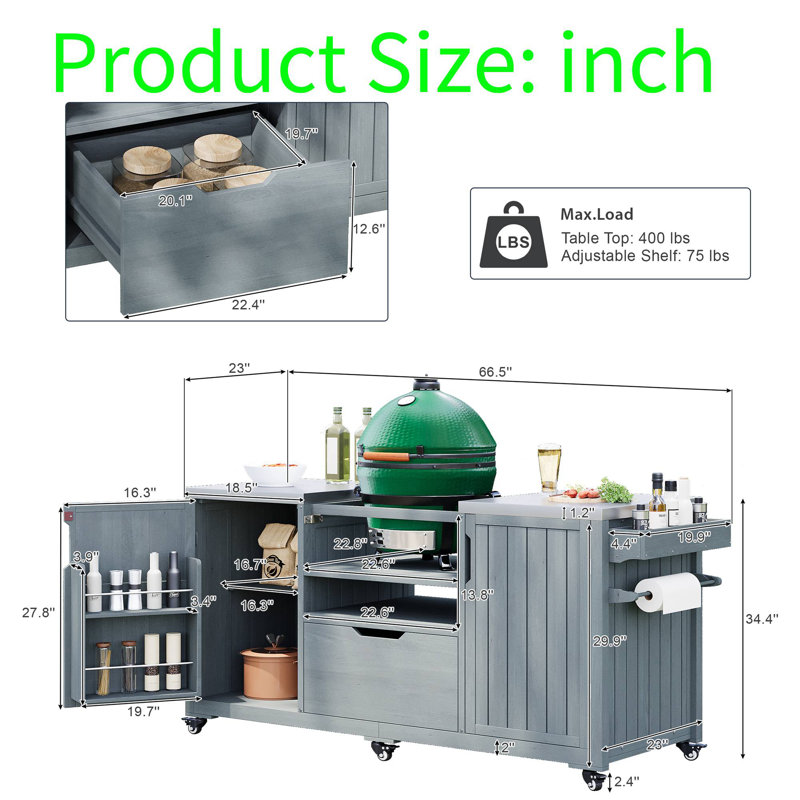 Outdoor Grill Cart With Fir Wood Construction, Adjustable Middle Shelf, Ample Storage & Mobility, Spice Rack, Paper Towel Holder, And S-Hooks