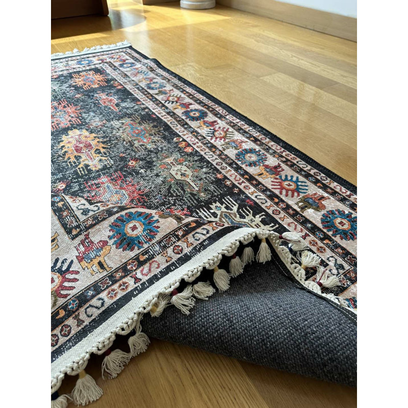 Coton imprimé marocain noir Toscana; Tapis chenille antidérapant, Rectangle 3 pi 3 po x 14 pi 9 po
