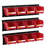 Wall Mounted Storage Bins, 12 Plastic Bins & 3 Metal Rails, Plastic Hanging Stackable Storage Bin for Screws, Nuts, Bolts, Nails, Hardware Tool Organizer for Workshop, Craft Room, Garage, Red