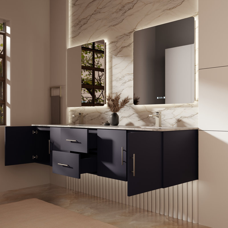 Geneva 80" Double Vanity, Square Sinks And No Mirror, Navy Blue, White Carrara Marble