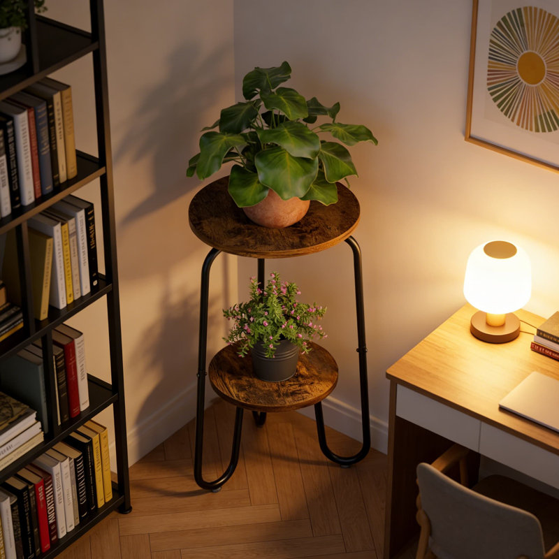 Support pour plante d'intérieur en bois à 2 niveaux pour plantes d'intérieur, support de pot de fleurs rond rustique avec cadre en fer, table d'appoint peu encombrante pour le salon, le balcon ou le patio
