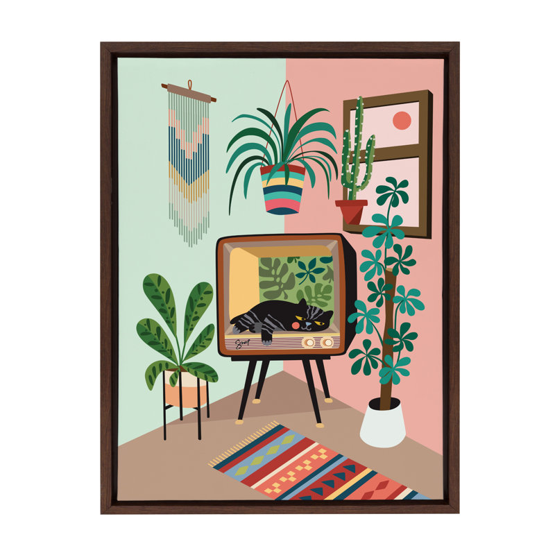Reproduction d'art sur toile encadrée "TV Cat Bed" par Rachel Lee 3 Birdies Studio, Brun