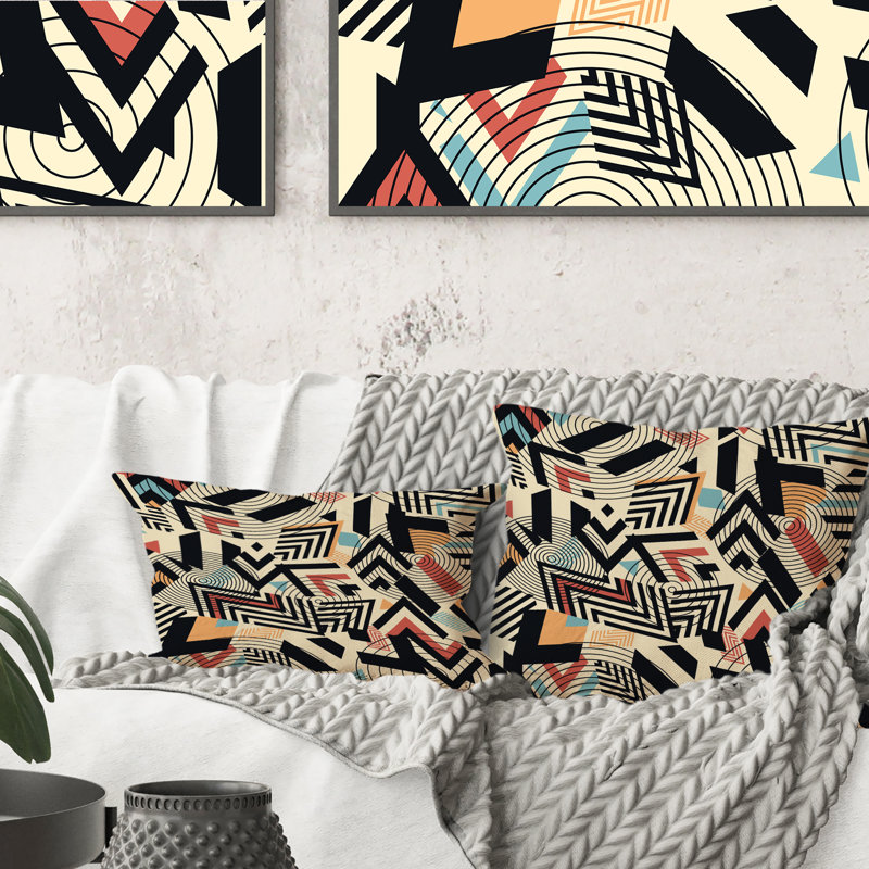 Coussin décoratif rétro à motif géométrique bleu orange et noir