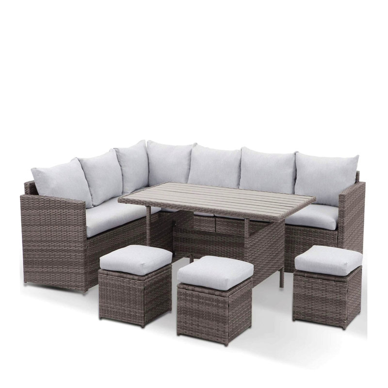 7 Piece  Wicker Outdoor Dining Set,  9-Seat  Outdoor Sectional Cushions Sofa With Ottomans & Dining Table For Porch Backyard Garden