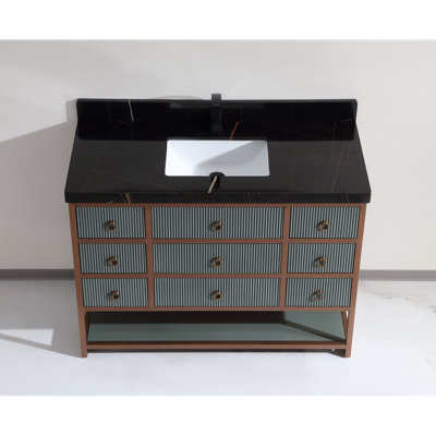 Meuble-lavabo 48 po avec cadre en acier inoxydable brossé doré et finition vert étain avec plateau de 2 po d'épaisseur