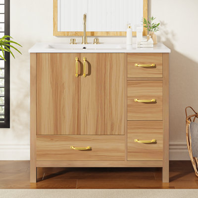 Meuble-lavabo moderne de 36 pouces avec structure en bois massif, lavabo en céramique, 2 portes à fermeture douce et 4 tiroirs, livraison gratuite, assemblage facile - certifié EPA / CARB