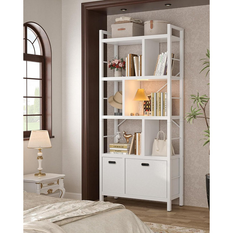 Bibliothèque à 6 niveaux avec bibliothèque légère et blanche avec armoire de rangement, grand rangement au sol pour le salon, la chambre à coucher et le bureau à domicile