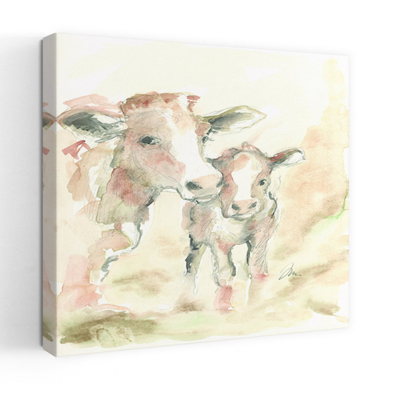 Vache et veau, art abstrait contemporain, H 18 po x l 18 po