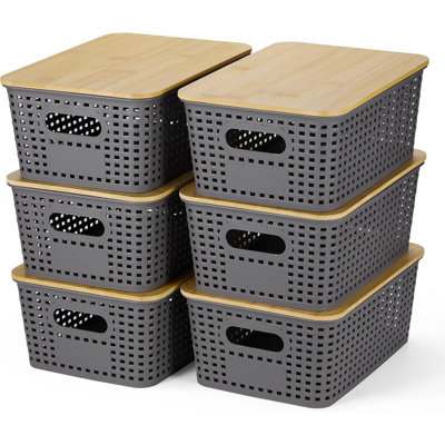 Plastic Storage Baskets With Bamboo Lid - Plastic Storage Containers Stackable Storage bins: Storage Baskets for Organizing Shelves Drawers Desktop Cl