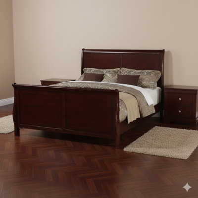 Grand lit moderne d'une seule pièce avec tête de lit et pied de lit (HB FB) en contreplaqué, dans un style Louis Phillippe cerisier foncé.