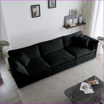 Sofas Couches 3-Seater Living Room Sofa with 5 Pillows, Solid Wood Frame | Mid-Century Modern | Black Chenille
