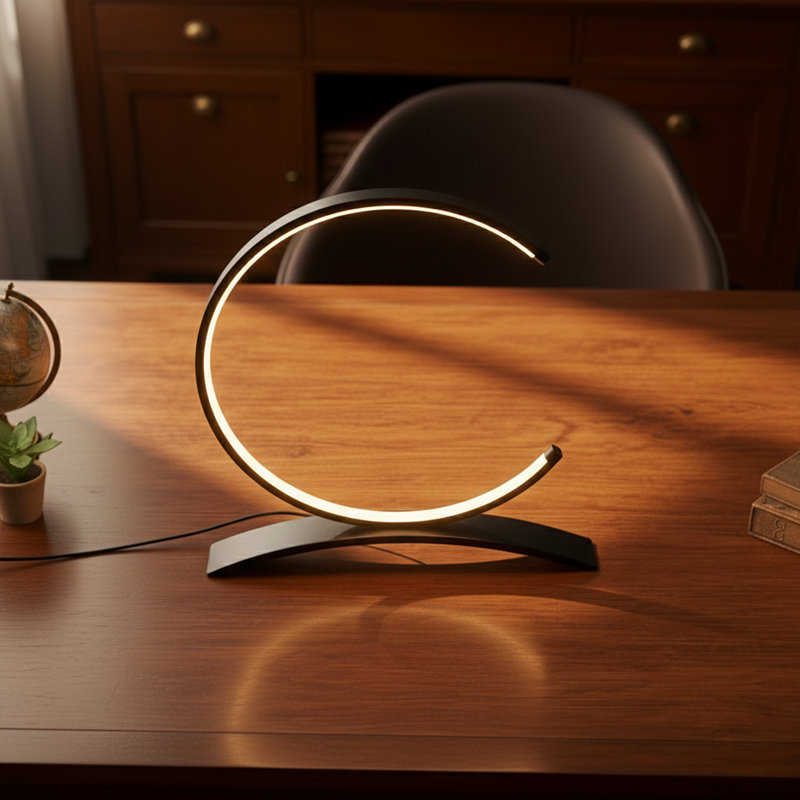 Crescent 13" LED Arch Table Lamp with Minimalist Pedestal Base, Black