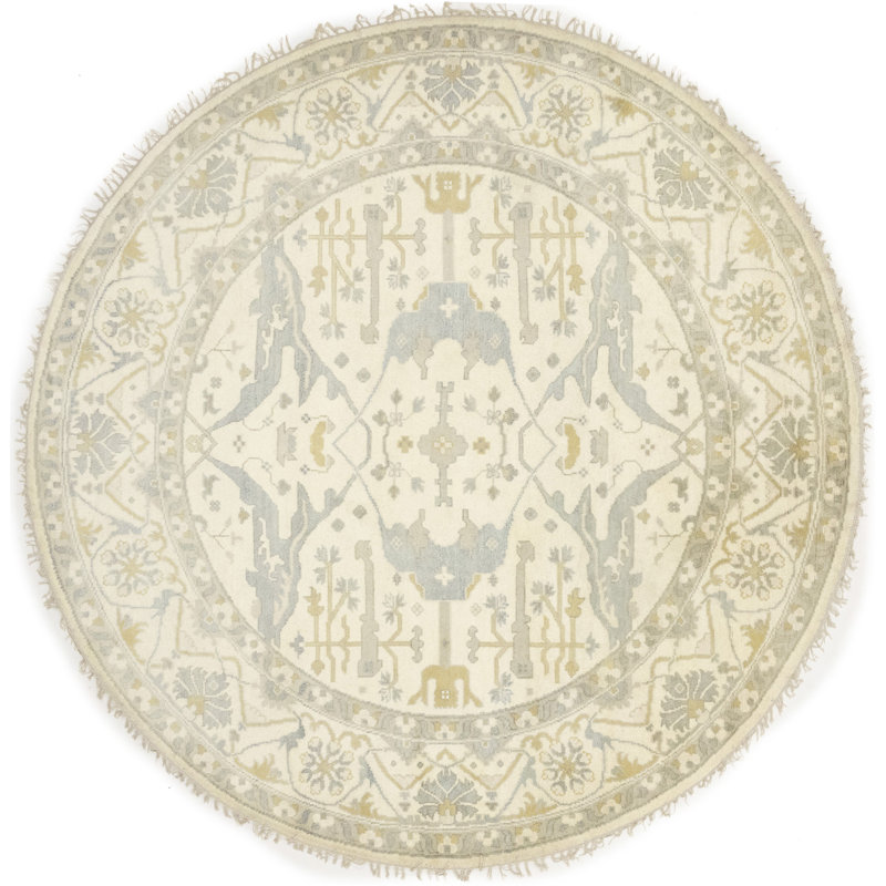 Muted Cream Traditional 9X9 Handmade Oushak Chobi Oriental Round Rug