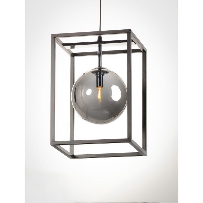 Luminaire suspendu rectangulaire simple à 1 lumière Waldenburg, H 14,5 po x l 9,75 po x P 9,75 po, Fumée, Noire/chrome poli