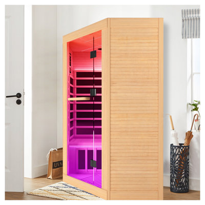 Sauna sec de style pruche canadien pour 2 personnes avec audio Bluetooth et éclairage ambiant, finition naturelle et graphite