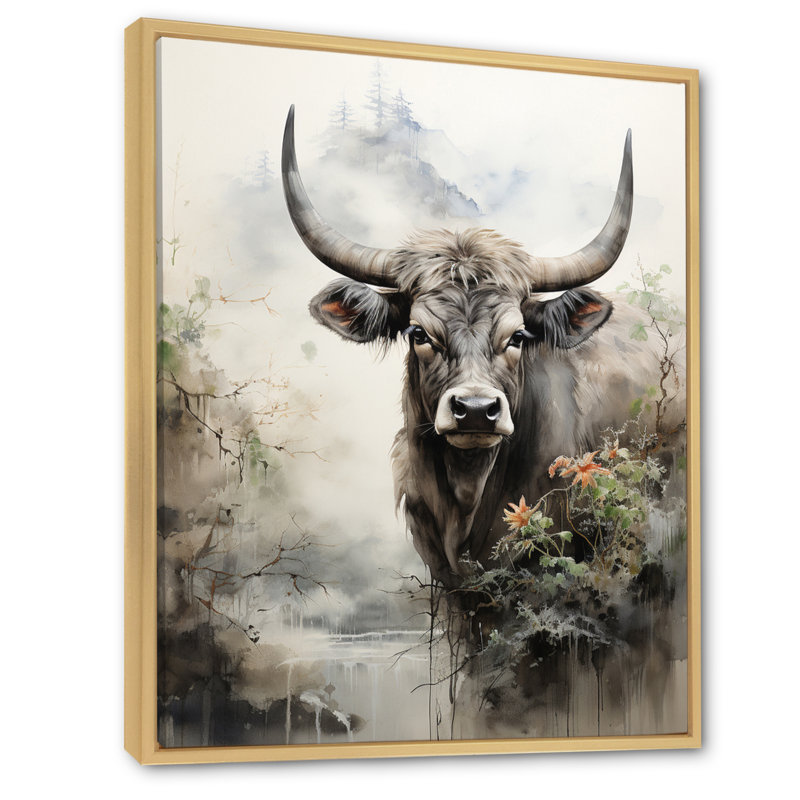 Bedriye, art asiatique, vache Sumi - impression, H 44 po x l 34 po x P 1,5 po, Cadre naturel flottant
