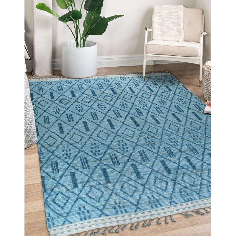 Stylish Marrakech Blue Hand-Knotted Wool Contemporary Transitional Area Rug, Rectangle 8' x 10'