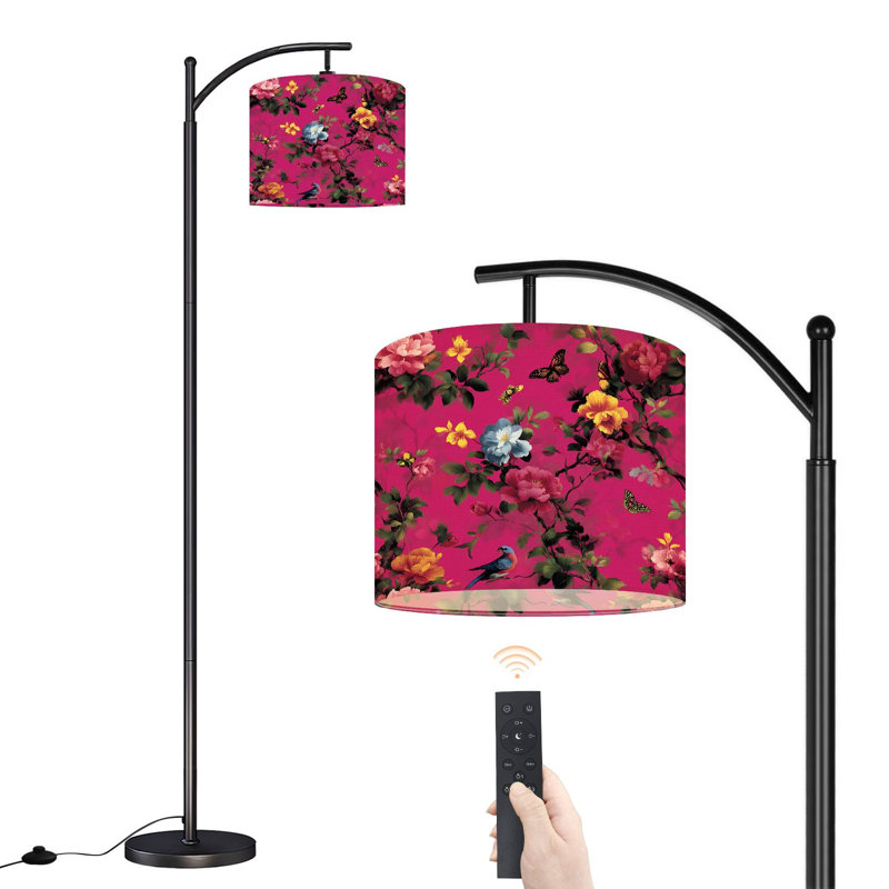 Lampe sur pied à arc avec abat-jour réglable Papillons floraux éclatants Lampe sur pied vintage rose 3 températures de couleur à intensité variable avec poteau pour interrupteur au pied de la chambre à coucher
