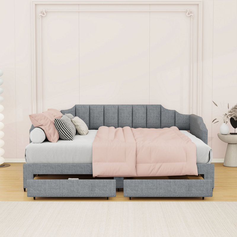 Upholstered Daybed with 2 Storage Drawers,  LED Lights and Trundle, Gray