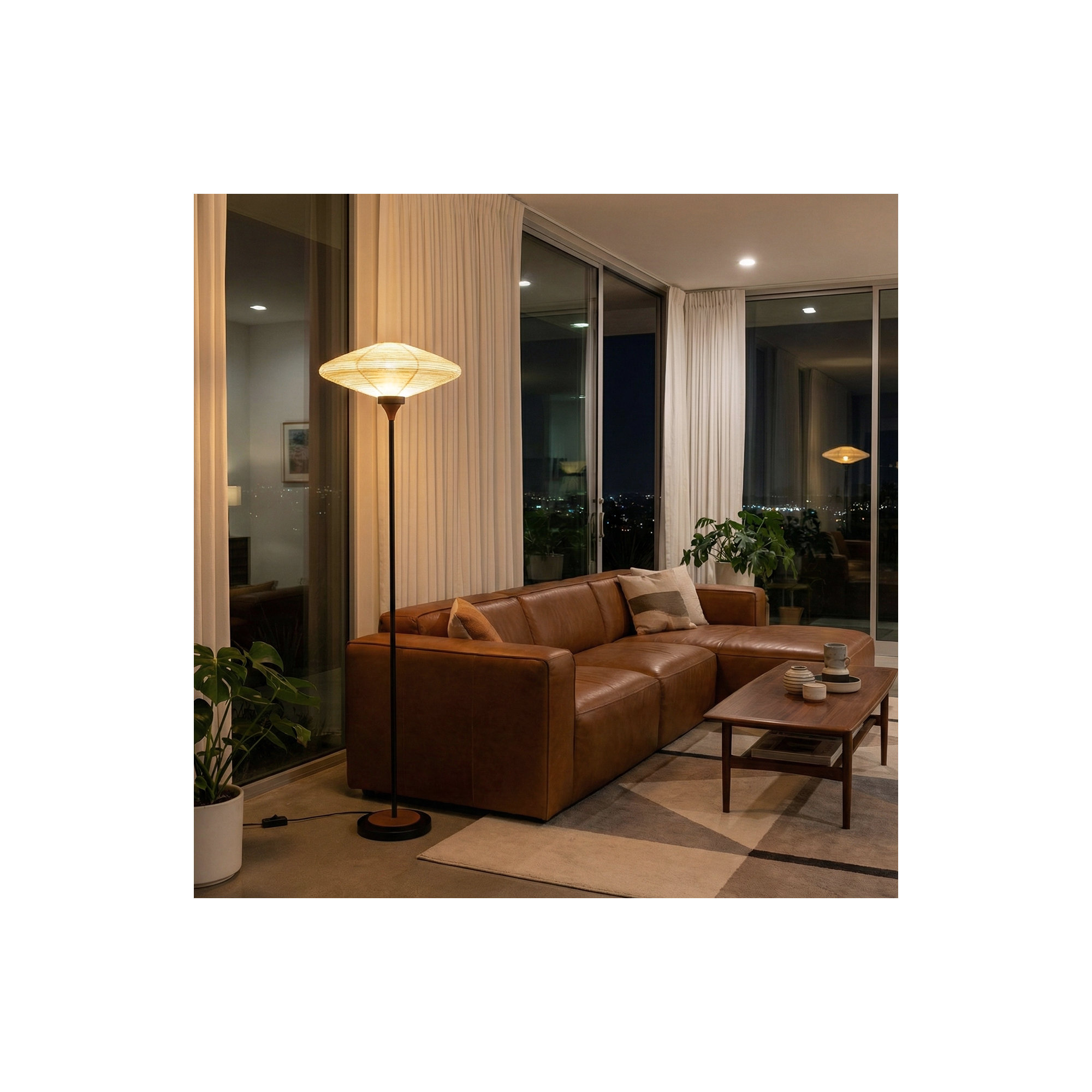 Roswell Torchiere Floor Lamp - Matte Black, Walnut, Washi Linen Shade, Black Marble Base, Dimmer Switch