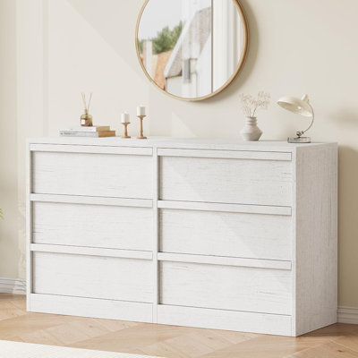 Commode horizontale à 6 tiroirs, armoire de rangement rétro blanche avec poignées en bois pour un usage domestique dans plusieurs pièces