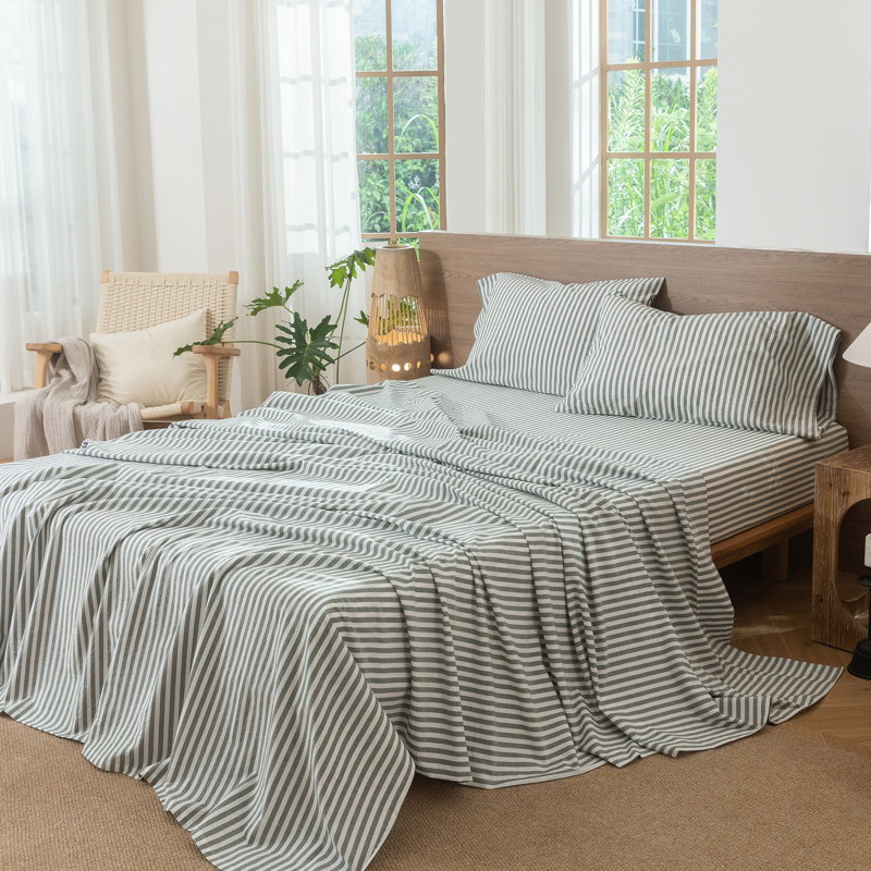 Ensemble de draps 100% coton lavé MooMee, Ensemble de draps pour grand lit avec 2 taies d'or
