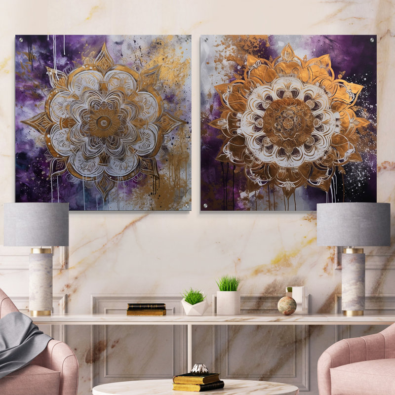 Mauve et or Mandala I - ensemble de 2 verres muraux en acrylique Mandala Boho, H 36 po x l 73 po