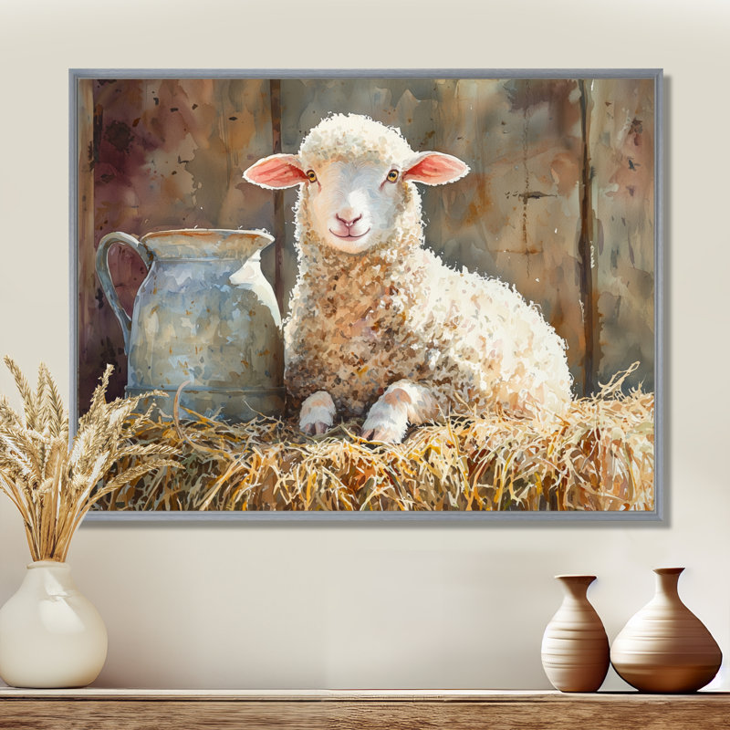 Portrait d'un bébé mouton à la grange - Art mural pour le salon, Argent argent, H 34 po x l 44 po