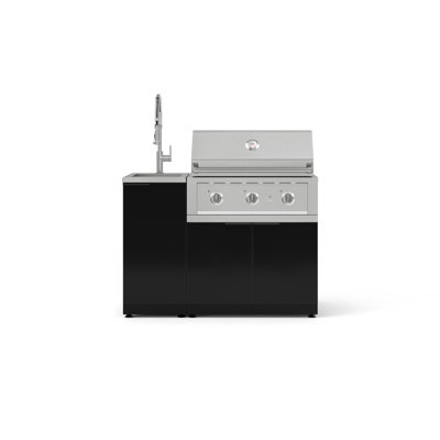 Ensemble d'armoires d'extérieur en aluminium noir 3 pièces avec évier, armoire de barbecue, barbecue au propane liquide 33 po et robinet chromé