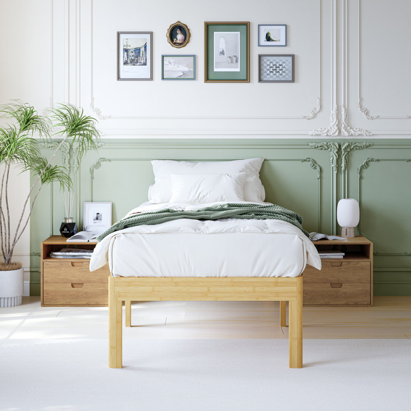 Structure de lit plateforme robuste en fer et bambou Amylia en bois massif et métal sans sommier, Lit simple, 18"