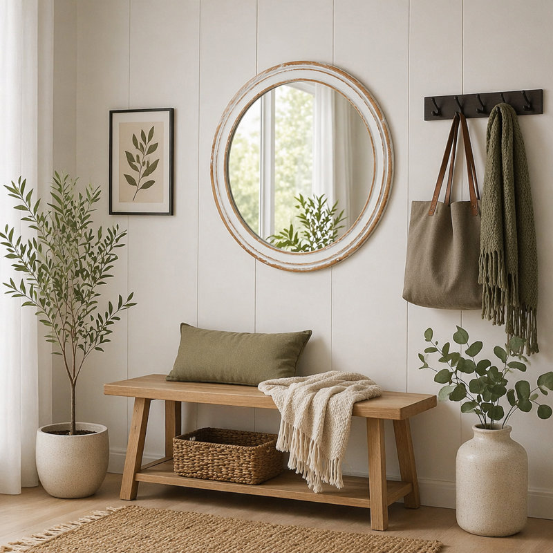 Miroir mural rond en bois pour meuble-lavabo, 23.62"