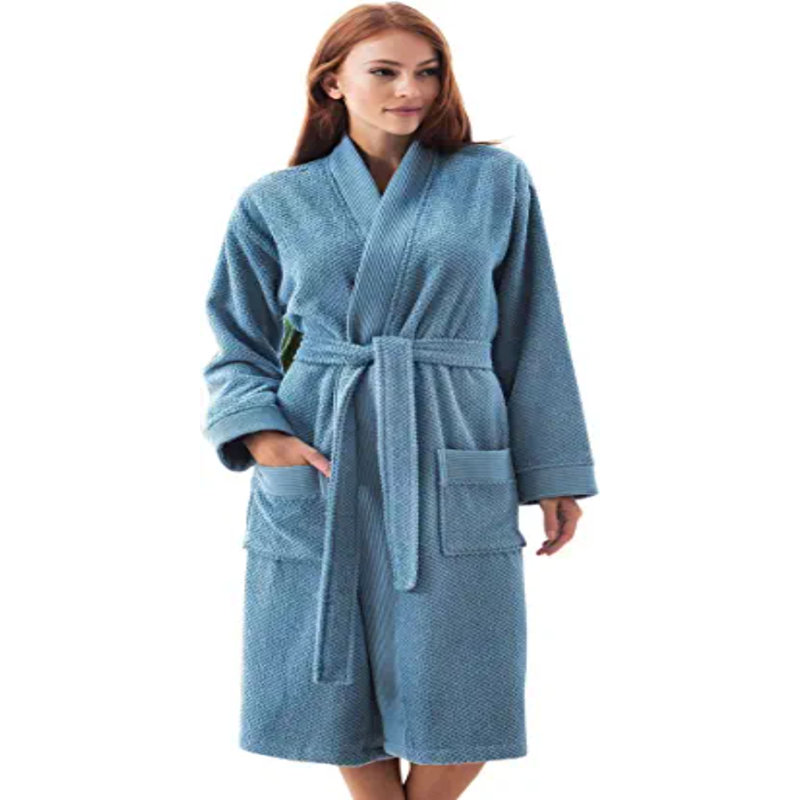 Peignoir 100% coton en ratine avec poches, L, Bleu
