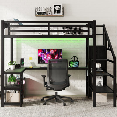 Lit mezzanine en métal noir avec garde-robe, bureau et conduit pour rehausser le rangement de votre chambre à coucher, pour un creux envoûtant