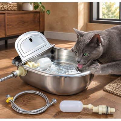 Heavy-Duty Stainless-Steel Automatic Outdoor Water Bowl for dogs and cats, equipped with a float valve and suitable as a large pet waterer for poultry and livestock.