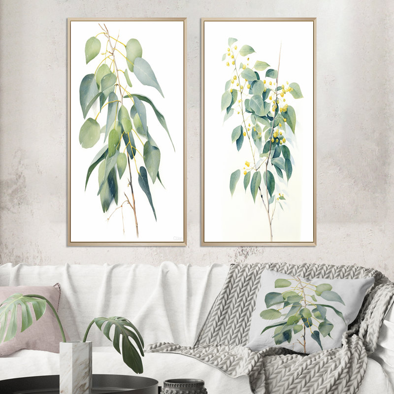 "Minimalisme eucalyptus", 2 pièces sur toile, H 40 po x l 40 po, Encadrement brun