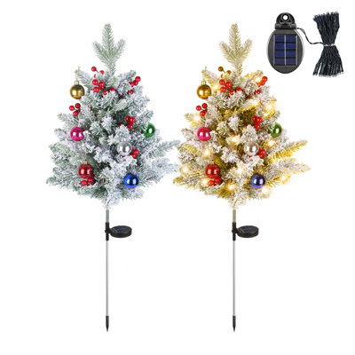 Solar Lighted Christmas Tree Urn Fillers with 50 Warm White LEDs, Red Berries, Decorative Ornaments and 2 Lighting Modes for Outdoor Holiday Decor