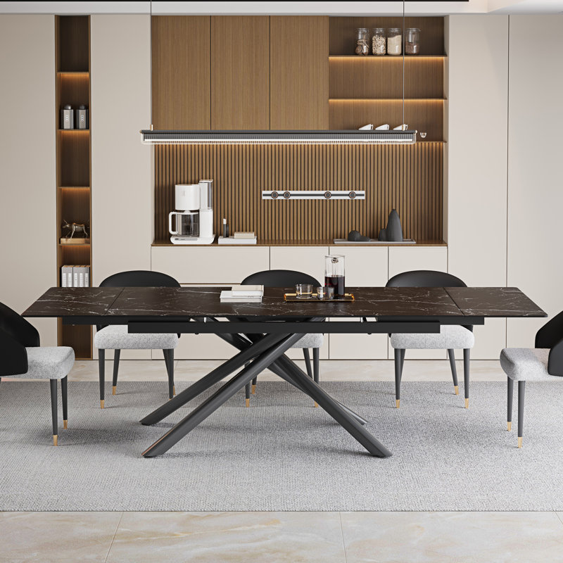 Charlana 70.86" to 102.36" Extendable Rectangular Sintered Stone Dining Table For 8-10, Black