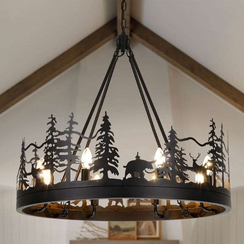 Lustre rustique à roulettes de style ambiant, Noir mat, H 59 po x l 29,9 po x P 29,9 po, 8 lumières