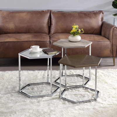 Nesting Table Set, Clear Glass, Taupe, Grey Washed & Chrome Finish
