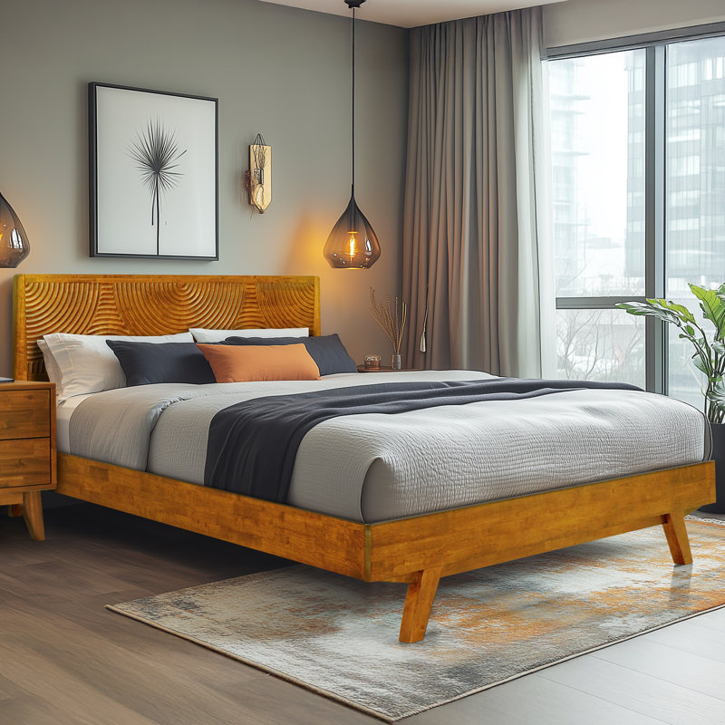 Structure de lit plateforme en bois massif avec tête de lit - Style moderne Mid-Century, grain de bois sculpté, assemblage facile avec outil intelligent, aucun sommier tapissier requis