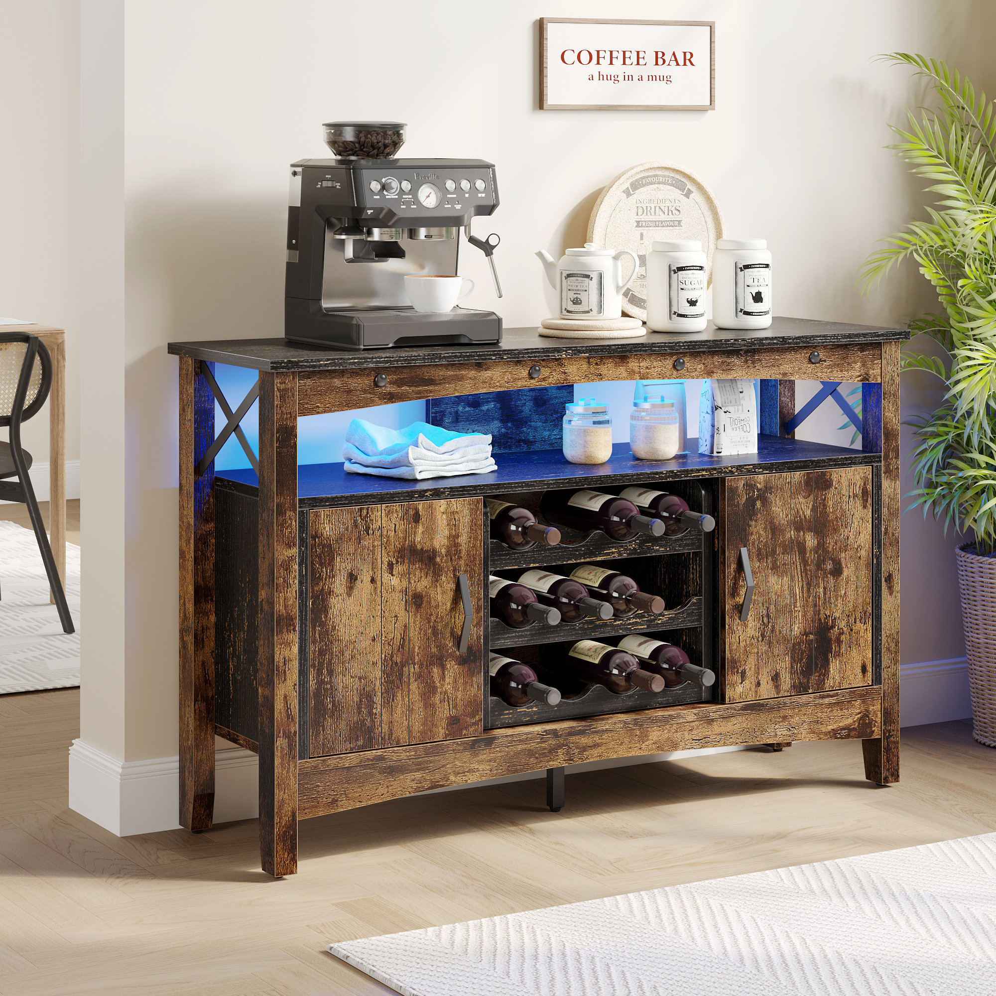 thumbnail image 2 of Ivy Bronx Wine Bar Cabinet With Drawer And LED Lights, 55 Inches Industry Coffee Bar Cabinet With Wine Rack And Glass Goblet Holder, Kitchen Sideboard Buffet Cabinet For Liquor And Goblet 2 of 12