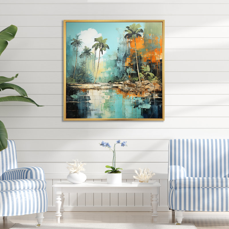 «Tropical Jungle River III» - art mural bord de mer tropical, Cadre flottant doré, H 30 po x l 30 po