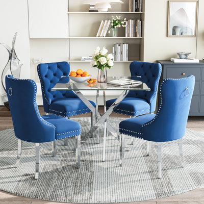 Modern Square Glass Dining Table Set For 4, 36" Tempered Glass Top With Velvet Tufted Nailhead Trim Chairs