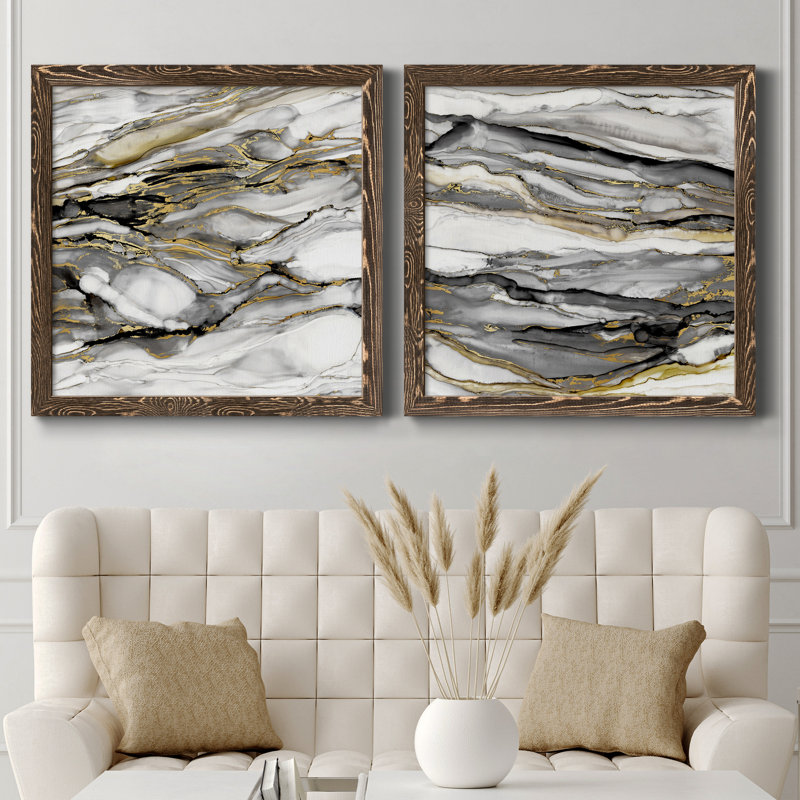 Marbré or I - ensemble de 2 peintures sur toile encadrées, Cadre noyer, H 35,5 po x l 71 po x P 1,5 po