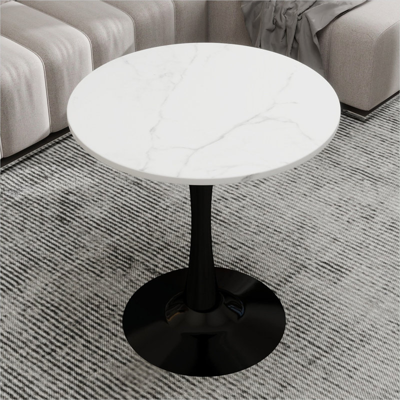 Table de salle à manger ronde d'aspect marbre avec base piédestal noire classique, 27,6 pouces, sièges 2 à 4, plateau blanc, style minimaliste moderne