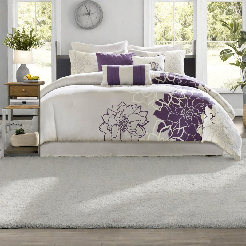 Ensembles de literie à motif floral gracieux, confort en satin de coton, élégance mauve