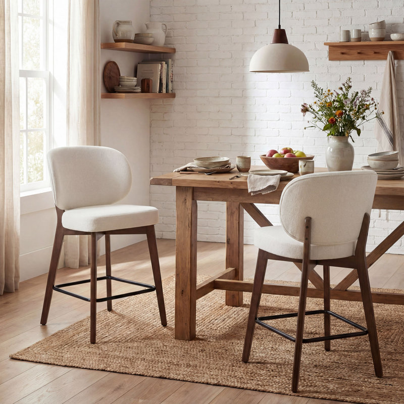 Mid-Century Modern Counter Stool, Fabric Upholstered Barstool with Wingback, Armless Counter Height Bar Stool With Wood Legs, Metal Footrest, For Kitchen Island Bar Counter, Beige, Set of 2