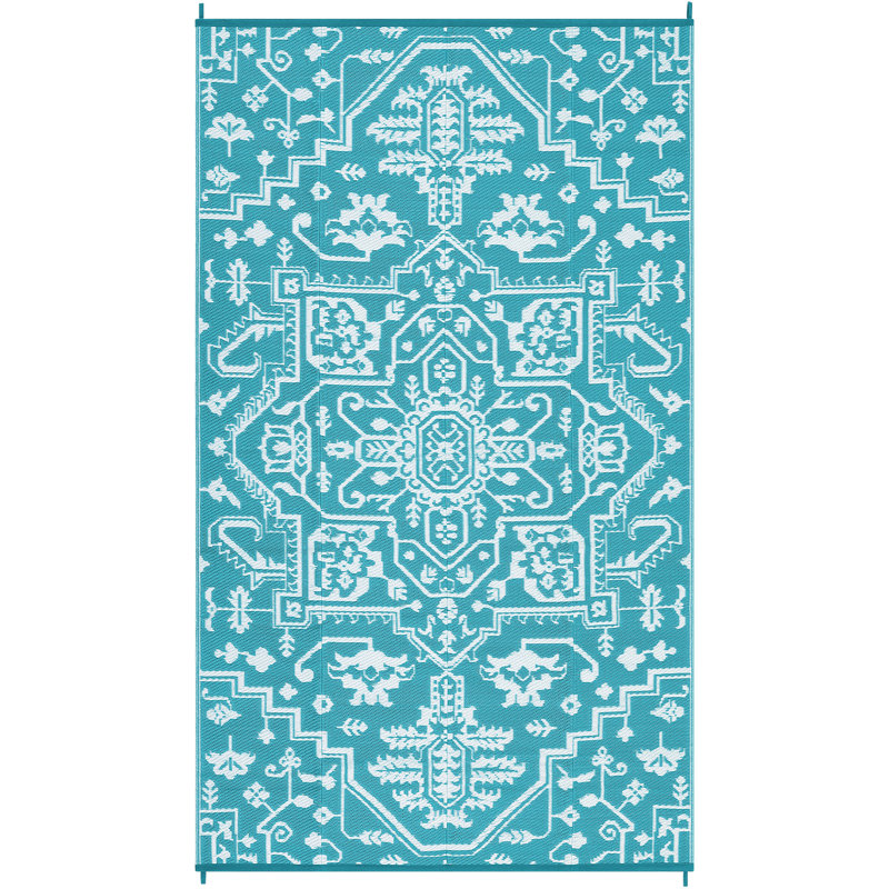 Large Waterproof Outdoor Rug Reversible Plastic Straw Patio Rug, UV-Resistant Vintage Medallion Carpet, Easy-Cleaning Portable RV Mat for Deck